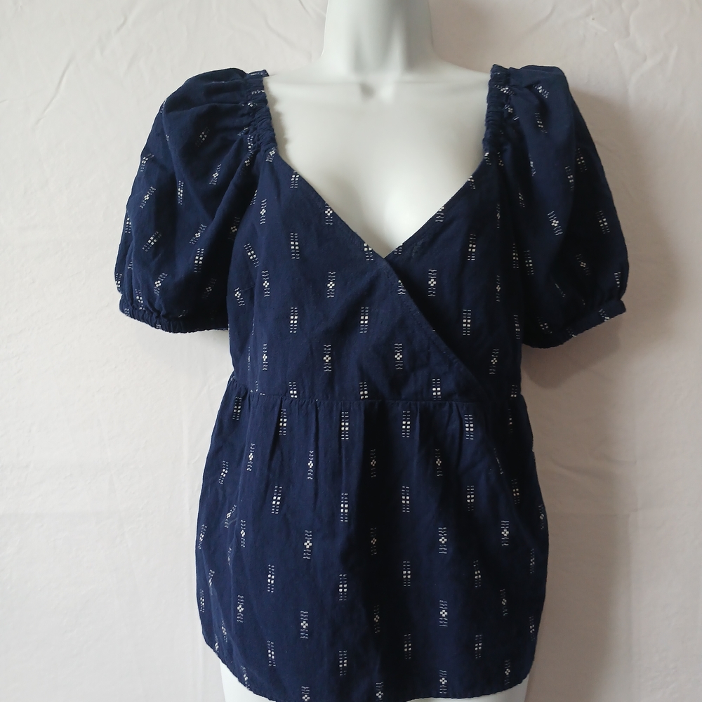 Madewell Blue Top Puff Sleeve Babydoll‎ Neck NWT Sz XS Summer Beach Travel Work